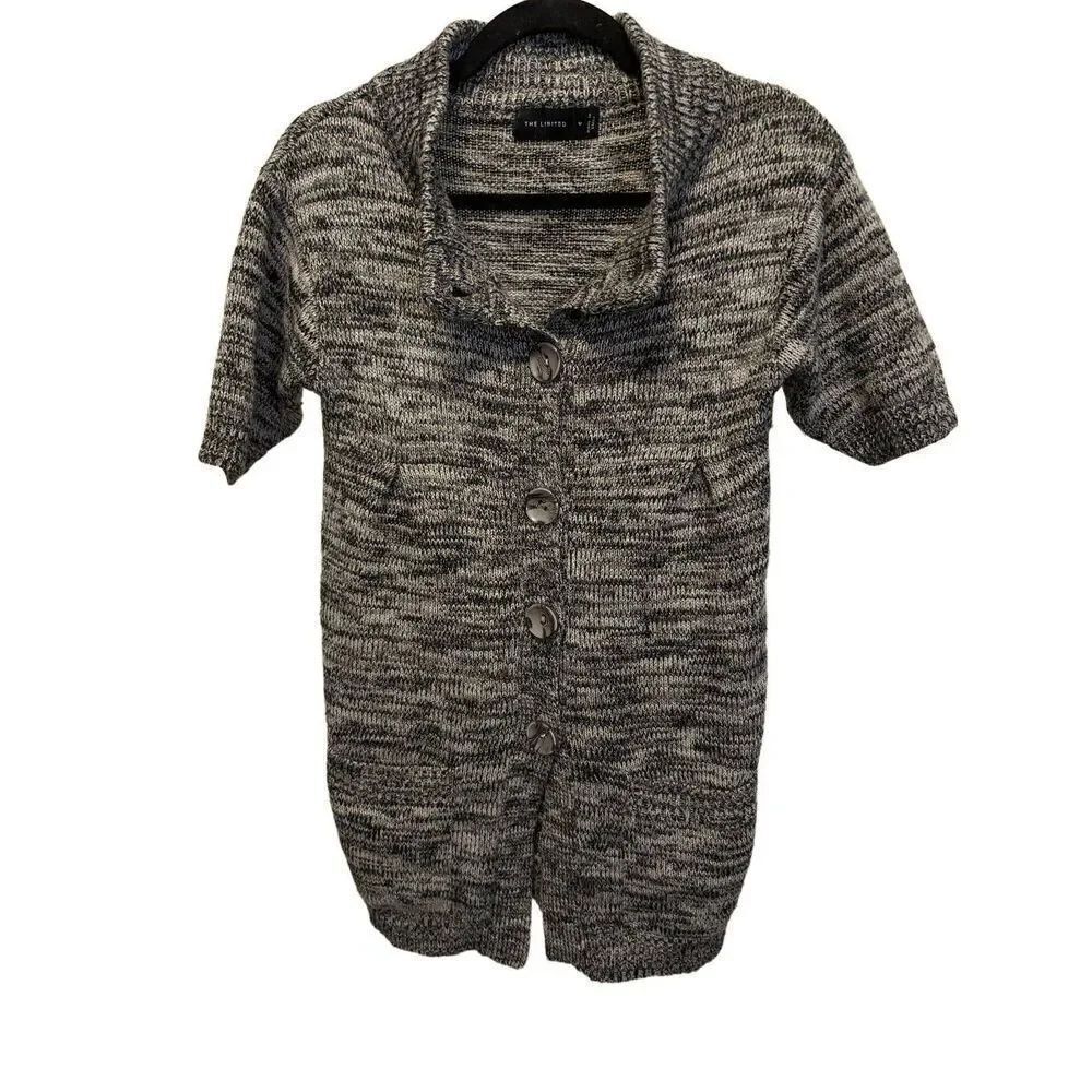 The Limited Women's Short Sleeve Gray Shimmer Sweater Button Down Cardigan Women